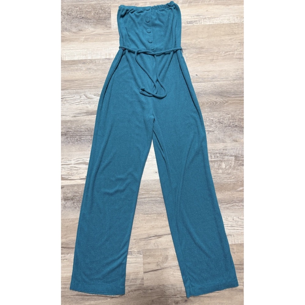 Vintage Teal Halter Sleeveless  Wide Leg Jumpsuit Jumper W/ Belt High Waist Sz S